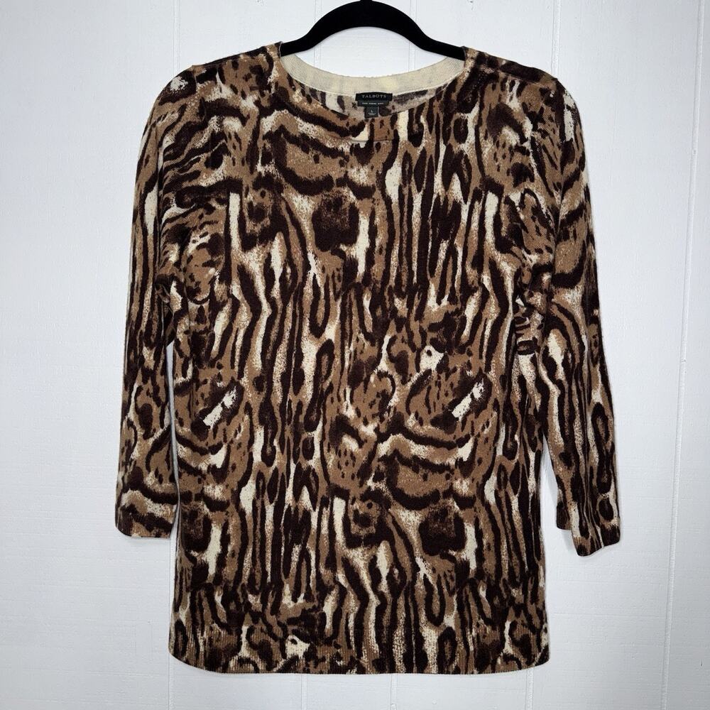 Talbots Women’s Pure Merino Wool Animal Print Sweater 3/4 Sleeve Size L